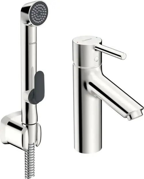 HANSAVANTIS Waschtischbatterie in Chrom-Ausführung mit einem integrierten Hebelmischer und Handbrause, montiert an einer Wand.